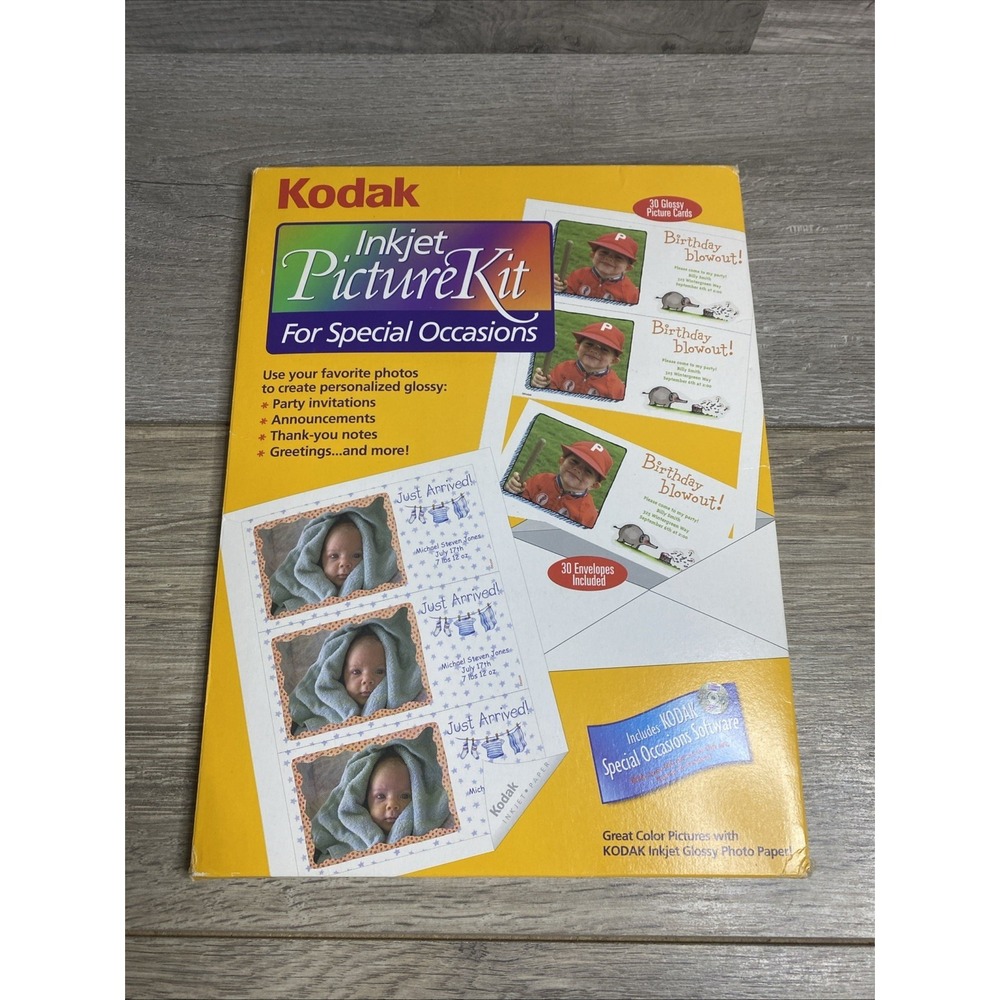 Kodak Inkjet Picture Kit – 30 Glossy Picture Cards 8.5 x 11  Party Invites NOB